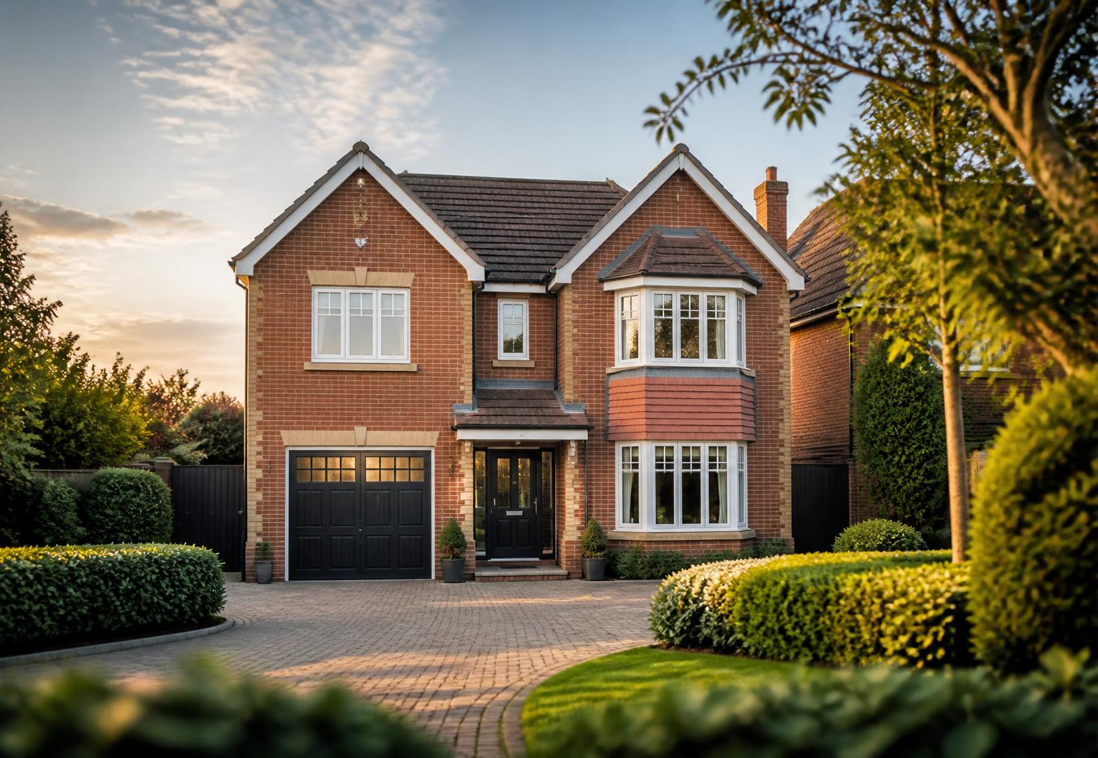 A detached brick family home in the UK photographed at golden hour