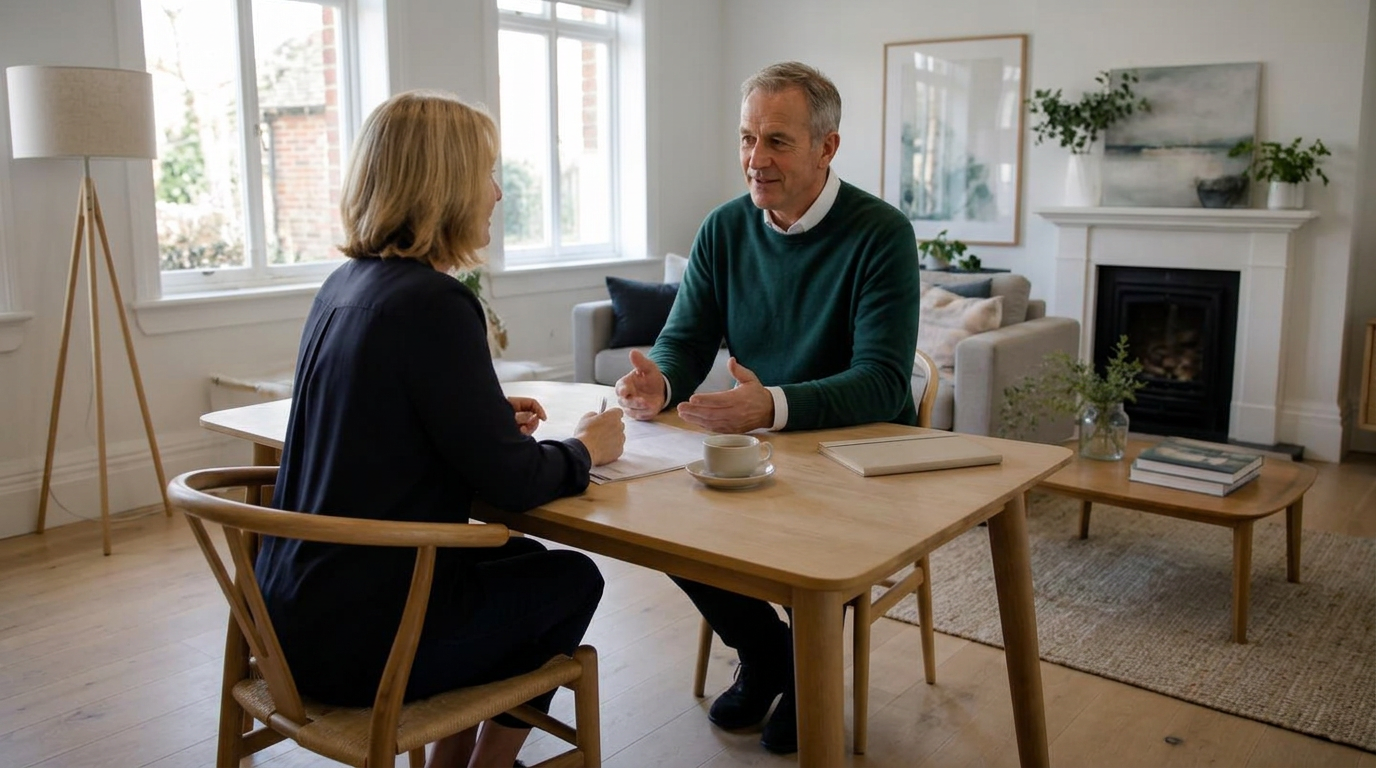 Two people discussing property paperwork across a table in a bright living room